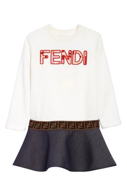 Fendi Kids' Long Sleeve Logo Dress with Denim Skirt in White Blue