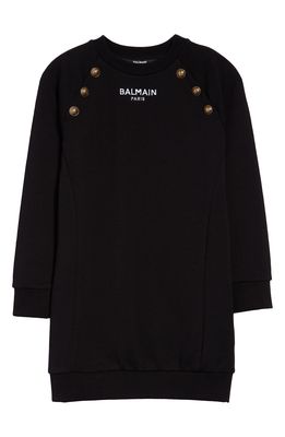 Balmain Kids' Button Shoulder Sweatshirt Dress in Black