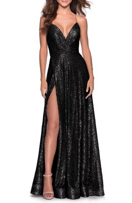 La Femme A-Line Sequin Gown in Black