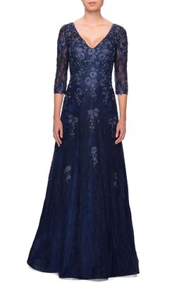 La Femme Embroidered Lace Gown in Navy
