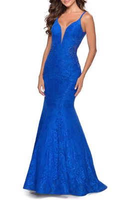 La Femme Sleeveless Lace Mermaid Gown in Electric Blue