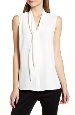 Ming Wang Crepe Tie Neck Sleeveless Blouse in White