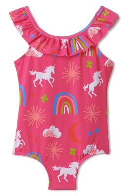 Hatley Kids' Unicorns Rainbows Ruffle Swimsuit in Fandango Pink