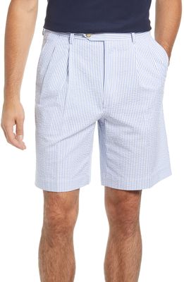 Berle Pleated Seersucker Shorts in Light Blue
