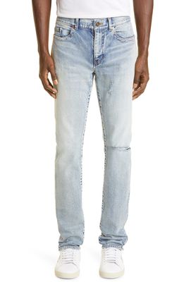 Saint Laurent Distressed Skinny Fit Jeans in Santa Monica Blue