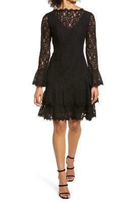 Shani Long Sleeve Tiered Lace Dress in Black