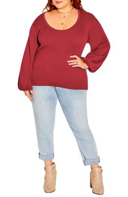 City Chic Balloon Sleeve Rib Sweater in Rouge