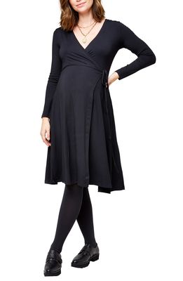 Nom Maternity Tessa Long Sleeve Jersey Maternity/Nursing Wrap Dress in Black