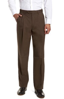 Berle Self Sizer Waist Pleated Lightweight Plain Weave Classic Fit Trousers in Brown