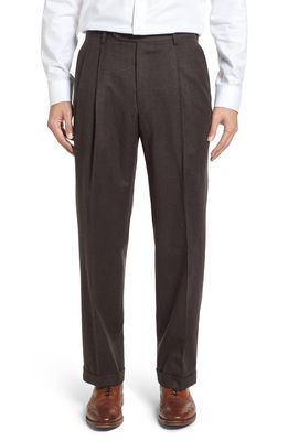 Berle Lightweight Flannel Pleated Classic Fit Dress Trousers in Heather Brown