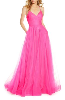 La Femme Neon Light Tulle Gown in Neon Pink