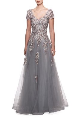 La Femme Embroidered & Beaded Ballgown in Gray