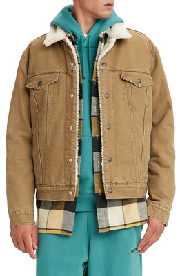 levi's High Pile Fleece Trim Trucker Jacket in Washed Cougar Canvas