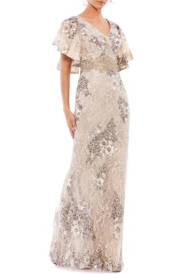 Mac Duggal Flutter Sleeve Embellished Lace Trumpet Gown in Taupe