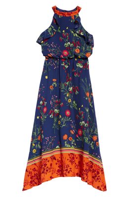 Ava & Yelly Kids' Floral Border Print Maxi Dress in Navy