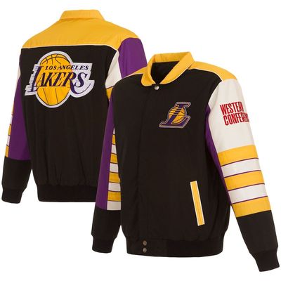 Men's JH Design Black Los Angeles Lakers Stripe Colorblock Nylon Reversible Full-Snap Jacket