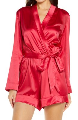 Coquette Long Sleeve Satin Romper in Red