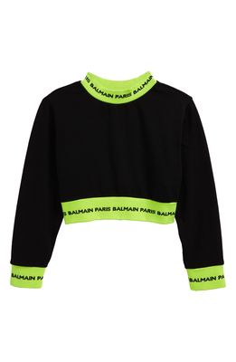 Balmain Kids' Logo Trim Crop Sweatshirt in 930Gl Bk/Yellow