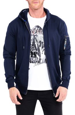 Maceoo Front Zip Stretch Cotton Hoodie in Blue
