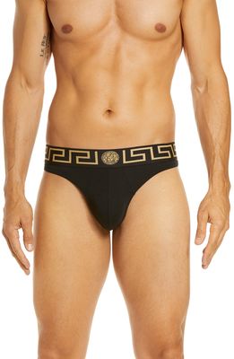Versace First Line Logo Stretch Cotton Thong in Black/Gold