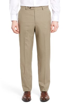 Berle Lightweight Plain Weave Flat Front Classic Fit Trousers in Tan
