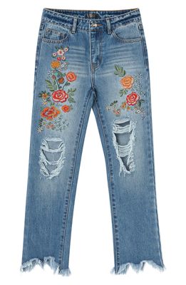 Truce Kids' Floral Embroidered Ripped Jeans in Med Stone