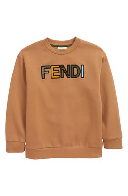 Fendi Kids' Multicolor Logo Applique Cotton Sweatshirt in Camel