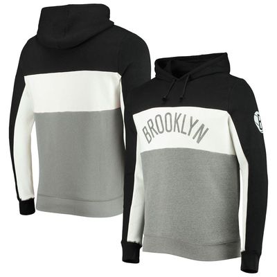 Men's Junk Food Black/White Brooklyn Nets Wordmark Colorblock Fleece Pullover Hoodie
