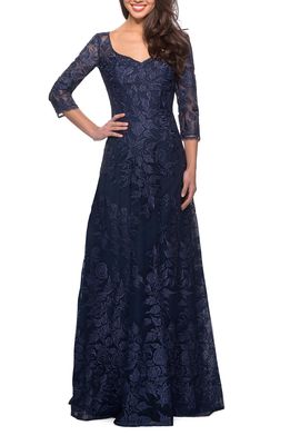 La Femme Floral Embroidered Mesh A-Line Gown in Navy