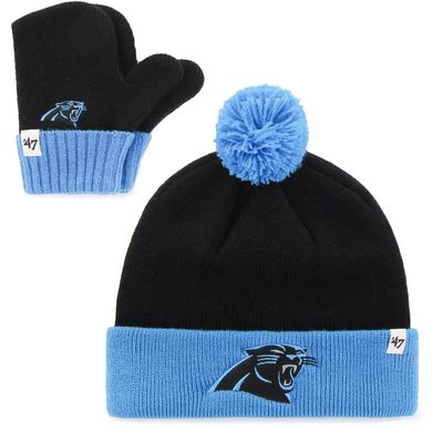 Infant '47 Black/Blue Carolina Panthers Bam Bam Cuffed Knit Hat with Pom and Mittens Set