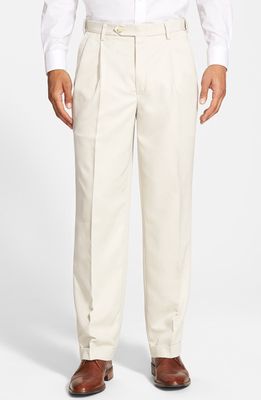 Berle Self Sizer Waist Pleated Classic Fit Microfiber Trousers in Stone