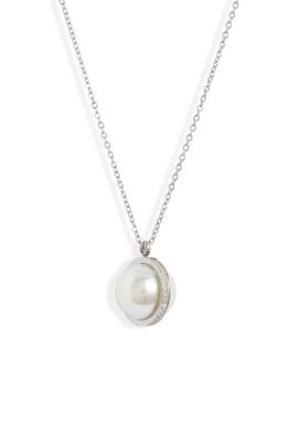 Knotty Imitation Pearl & Crystal Orbit Pendant Necklace in Rhodium