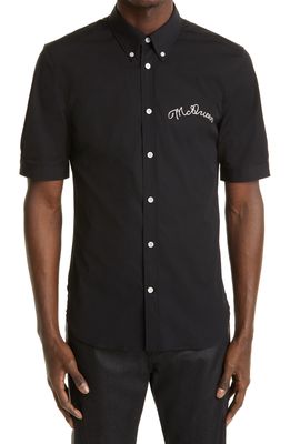 Alexander McQueen Logo Short Sleeve Button-Down Shirt in Black