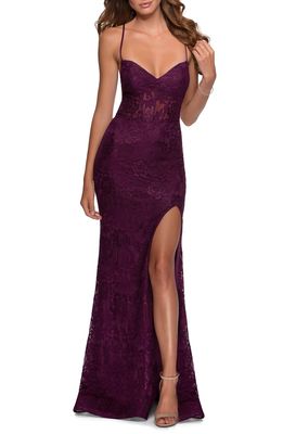La Femme Strappy Back Lace Trumpet Gown in Dark Berry