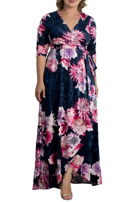Kiyonna Cara Crushed Velvet Wrap Gown in Navy Floral