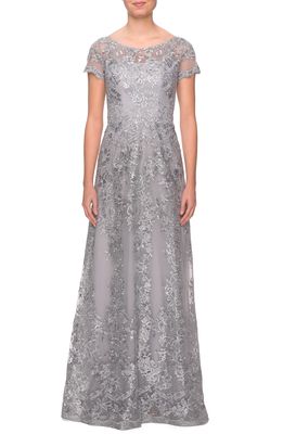 La Femme Shimmer Lace Gown in Silver