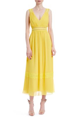 Badgley Mischka Collection Embroidered Detail Georgette Midi Dress in Yellow