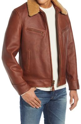 Schott NYC Leather Moto Jacket with Genuine Shearling Trim in Luggage