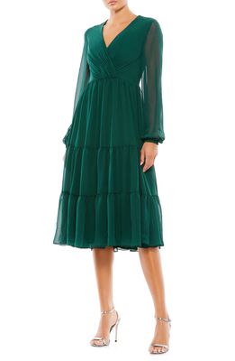 Mac Duggal Illusion Long Sleeve Tiered Midi Dress in Emerald