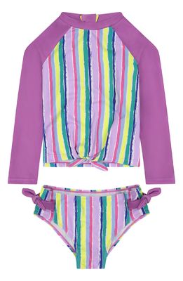 Andy & Evan Kids' Stripe Long Sleeve Two-Piece Rashguard Swimsuit in Purple Stripe