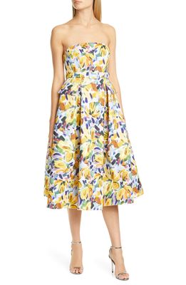 Badgley Mischka Collection Floral Print Strapless Midi Dress in Yellow Multi