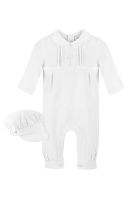 Carriage Boutique Cross Embroidered Christening Romper & Newsboy Cap Set in White