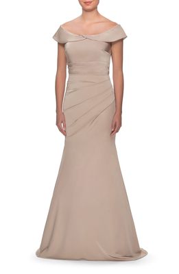 La Femme Off the Shoulder Pleated Satin Mermaid Gown in Champagne