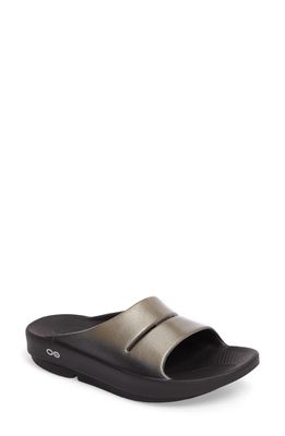 Oofos OOahh Luxe Slide Sandal in Black/Latte