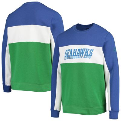 Men's Junk Food College Navy/Neon Green Seattle Seahawks Color Block Pullover Sweatshirt in Royal