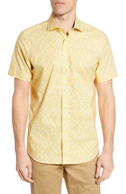 Emanuel Berg Modern Fit Dot Print Stretch Short Sleeve Button-Up Shirt in Yellow