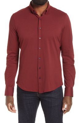 Stone Rose Pique Knit Performance Button-Down Shirt in Burgundy