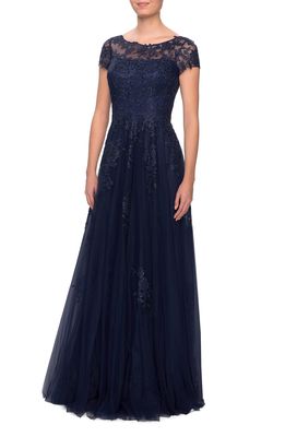 La Femme Embroidered Lace Illusion Yoke A-Line Gown in Navy