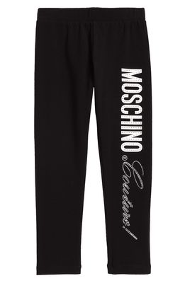 Moschino Kids' Crystal Embellished Logo Stretch Cotton Leggings in Black