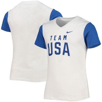 Girl's Youth Nike White/Royal Team USA Color Block V-Neck T-Shirt